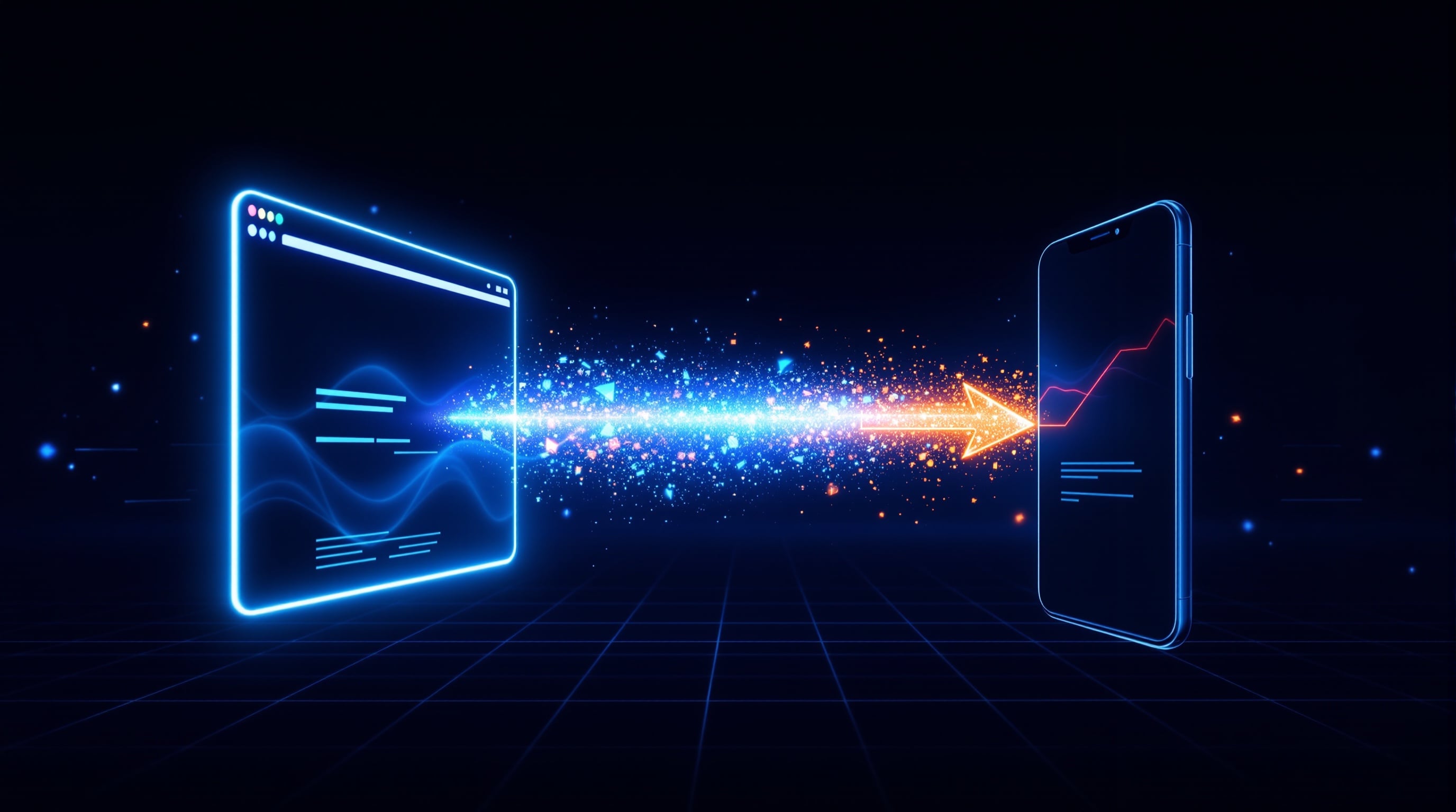Website transforming into a mobile app with energy effects